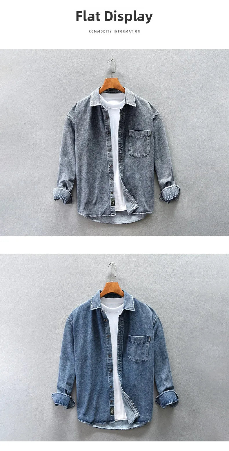 Retro American Washed Denim Jacket Loose Casual Long Sleeve Shirt for Men Autumn Fashion Urban Style Cotton Machine Washable