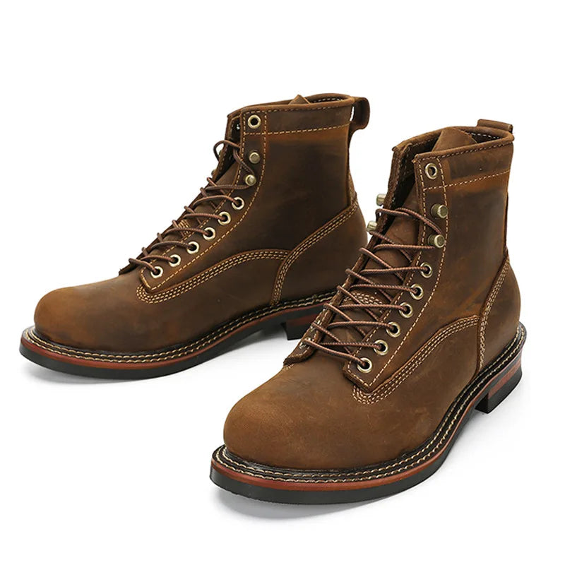 KOWM Hiking shoes men's walking boots British cowhide high top motorcycle boots ankle casual sneakers trekking shoes thick soled