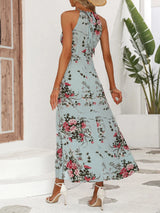 Elegant Floral Print High Slit Halter Dress