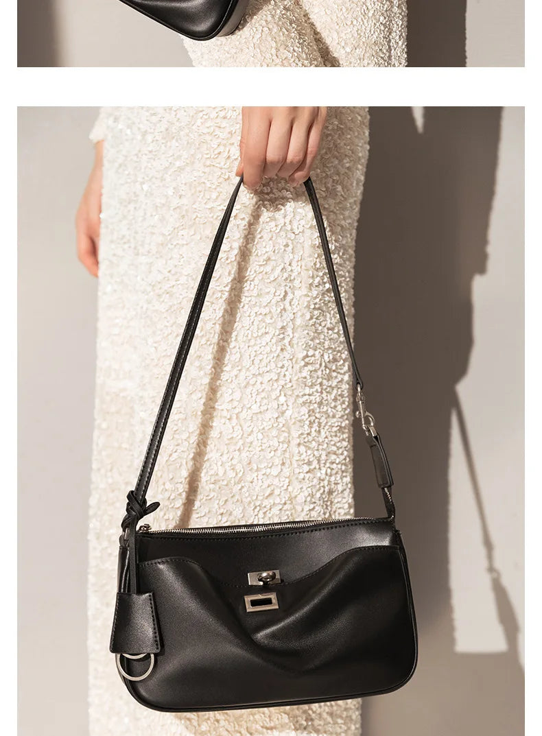 2026 Spring New Luxury Brand Women Shoulder Bags Split Leather Black Handbags Women Fashion Gold Buckle Underarm Bags