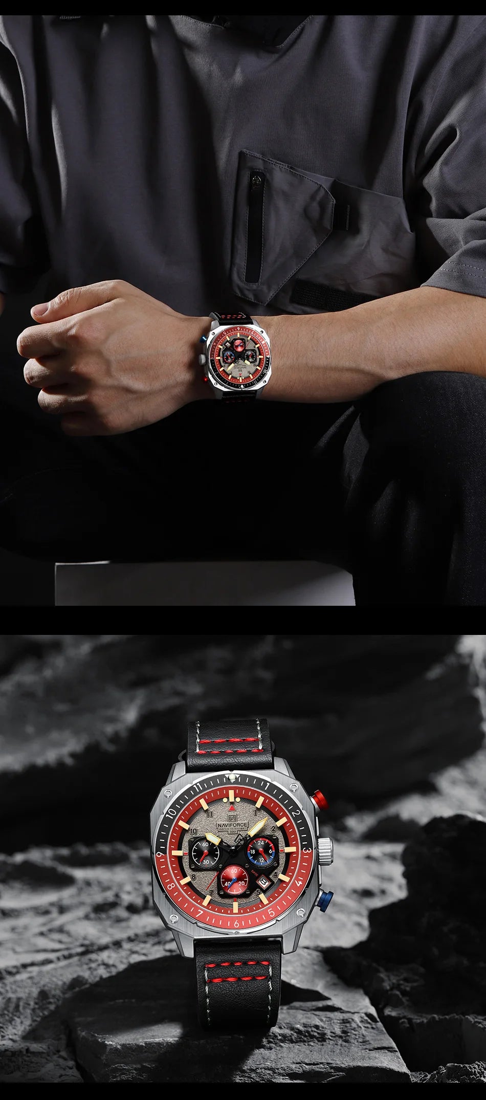 NAVIFORCE Sports Multifunction Waterproof Watches for Men Fashion Leather Luxury Brand Quartz Analog Luminous Square Wrist Watch