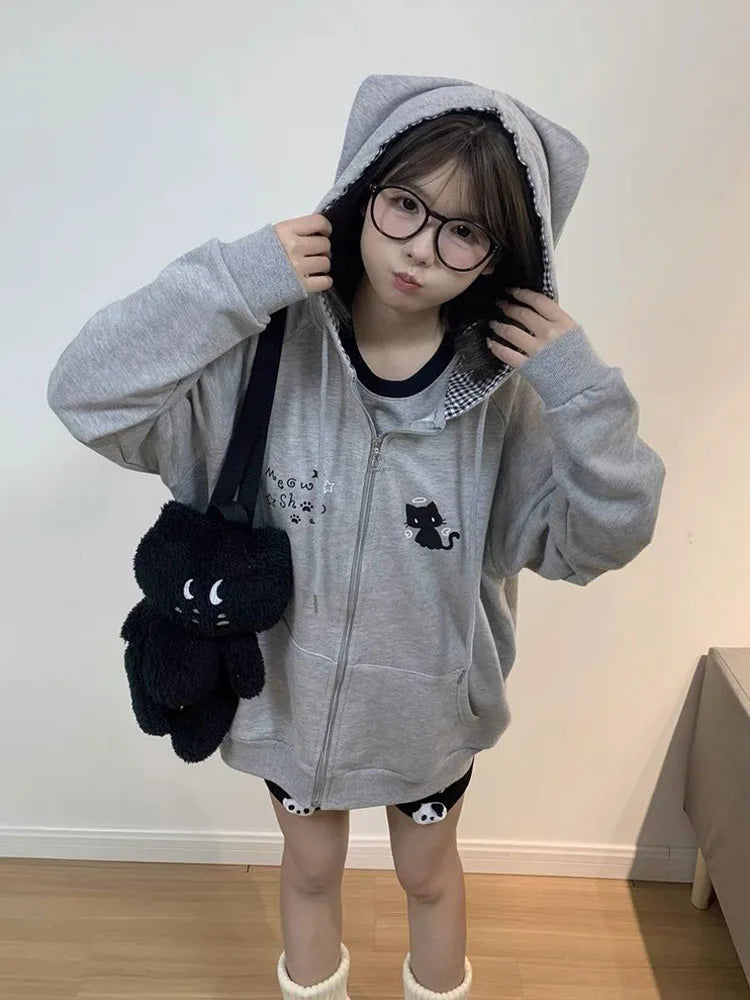 Women's Cute Cat Print Relaxed Zip-Up Hoodie