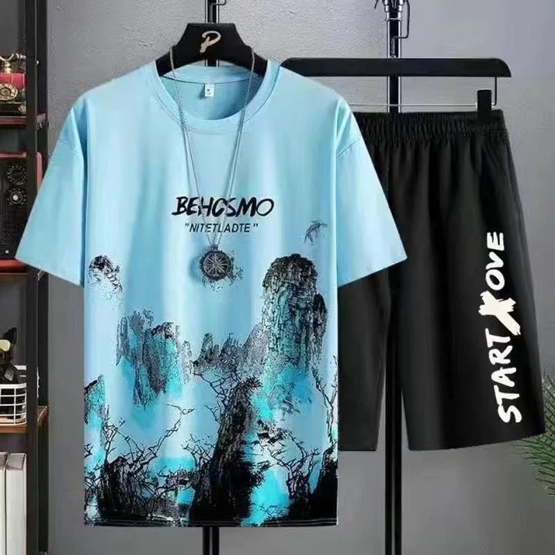 Men's Summer Manga Graffiti 2-Piece Tee & Shorts Set