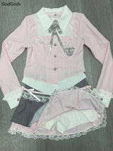 Spring Y2K Princess Outfits Women 2 Piece Sets Sweet Kawaii Bow Tops + Lace Pleated Skirt Female Retro Chic Preppy Style Clothes