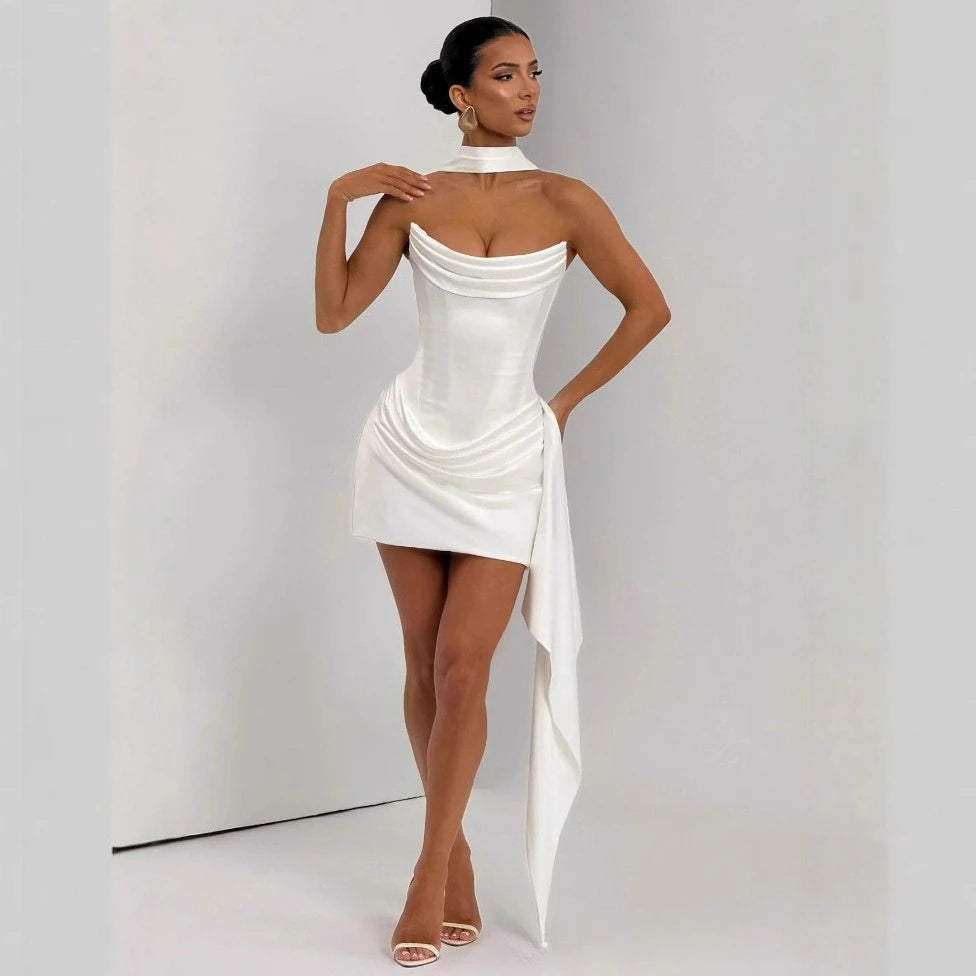 Strapless Corset Mini Dress – Draped Satin with Scarf