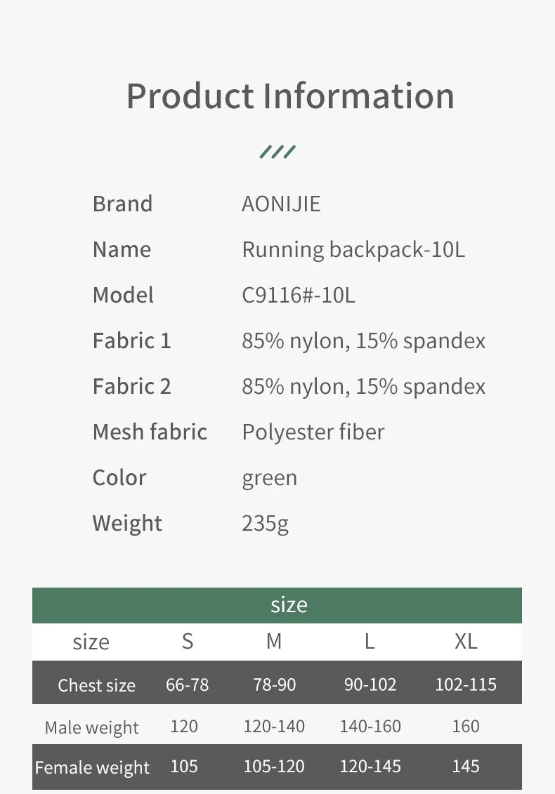 AONIJIE C9116-10L Hydration Pack Backpack High Capacity Marathoner Running Race Hydration Vest Lightweight for Men and Women