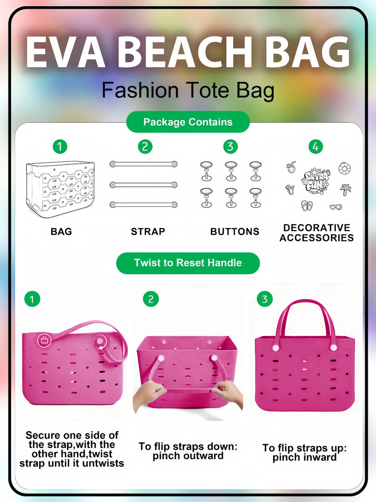 EVA Large Tote Bag Beach Storage 2 in 1 Waterproof Lightweight Travel Handbag for Women