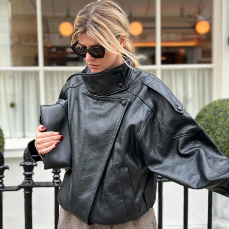 HXAO New Arrival Women's Bomber Jacket Leather Black Jackets Cropped Oversize Outerwears Zip-Up Long Sleeve Coats Outdoor Jacket
