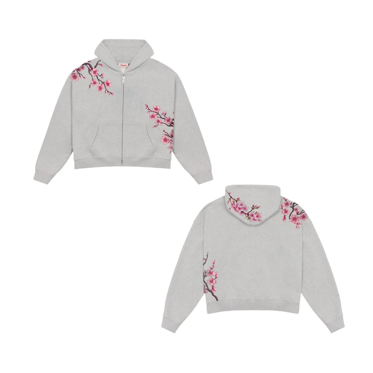 Cherry Blossom Embroidered Zip-Up Hoodie