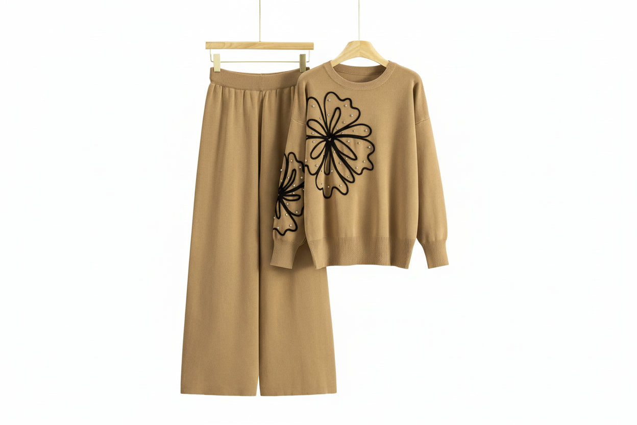 USA-Made Chic Rhinestone Knitted 2-Piece Set – High-Waist Wide Leg Lounge Outfit