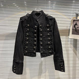 Punk Style Black Stand Up Collar Denim Jacket - Vintage Washed Motor Coat