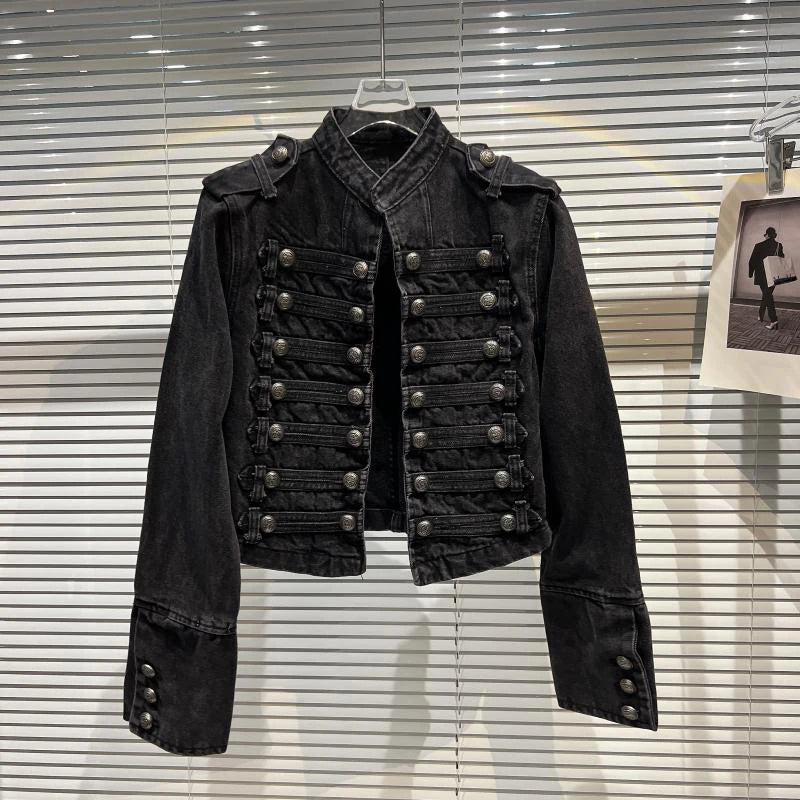 Punk Style Black Stand Up Collar Denim Jacket - Vintage Washed Motor Coat