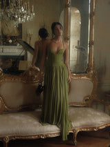 Women's Green Fishbone Corset Halter Maxi Dress