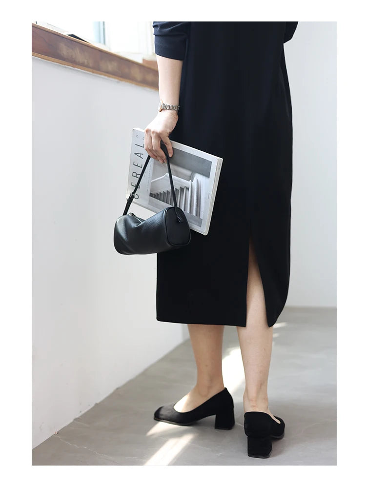 Full Grain Leather Soft Balck Small Size Crossbody Bags For Women Luxury Adjustable Shoulder Strap Underarm Bag Portable Handbag