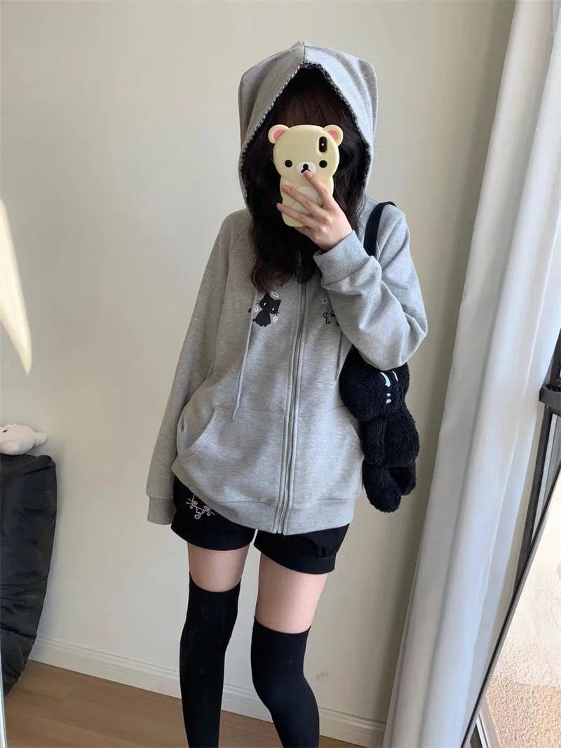 Women's Cute Cat Print Relaxed Zip-Up Hoodie