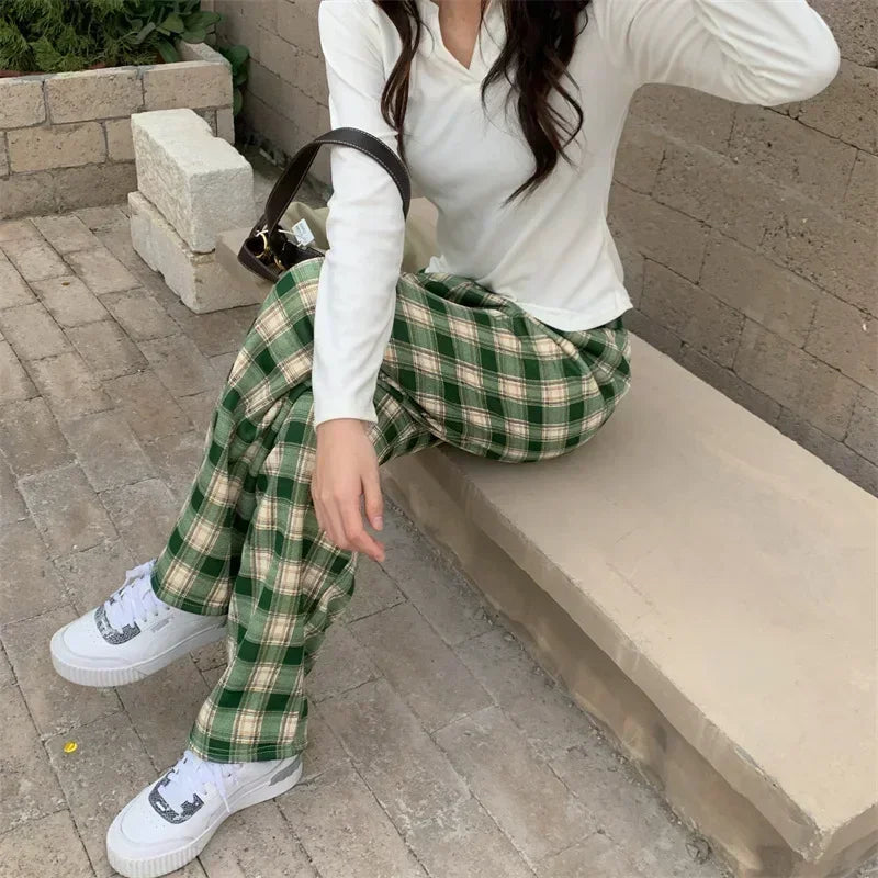 Plaid Plush Wide-Leg Trousers