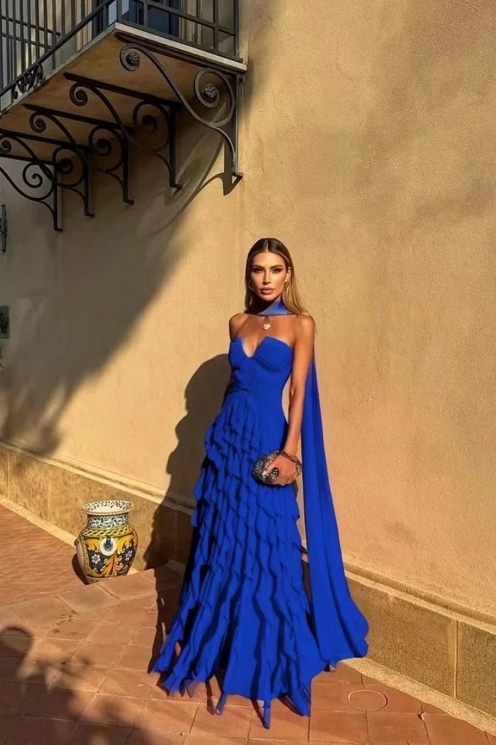 Halter Sweetheart Ruffle Chiffon Evening Gown | Maxi Dress