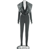Faux Fur Collar Bodycon Jumpsuit - Slim Fit Cut-Out Streetwear Romper