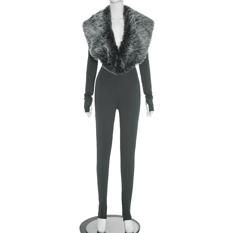 Faux Fur Collar Bodycon Jumpsuit - Slim Fit Cut-Out Streetwear Romper
