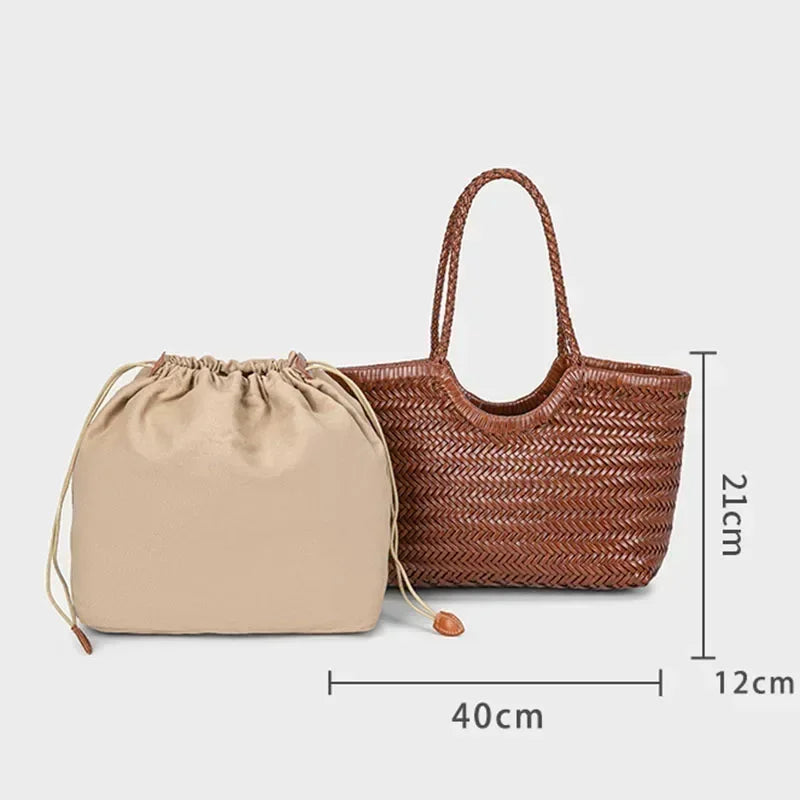 Genuine Leather Cowhide Tote Bags For Women Luxury Designer Handbag Purses 2025 New In Vintage Handmade Weave Underarm Shoulder
