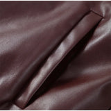 Vintage Wine Red Loose Short Leather Jacket Women Fashion Lapel Long Sleeves Zipper Cropped Coat 2025 Autumn Lady Street Outwear