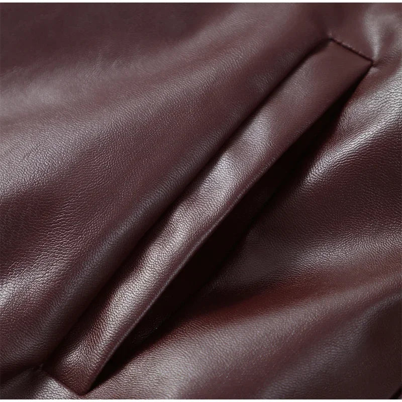 Vintage Wine Red Loose Short Leather Jacket Women Fashion Lapel Long Sleeves Zipper Cropped Coat 2025 Autumn Lady Street Outwear