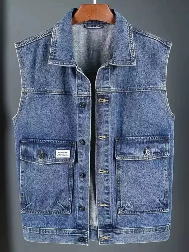 Vintage Denim Vest – Men's Relaxed Fit Sleeveless Jacket
