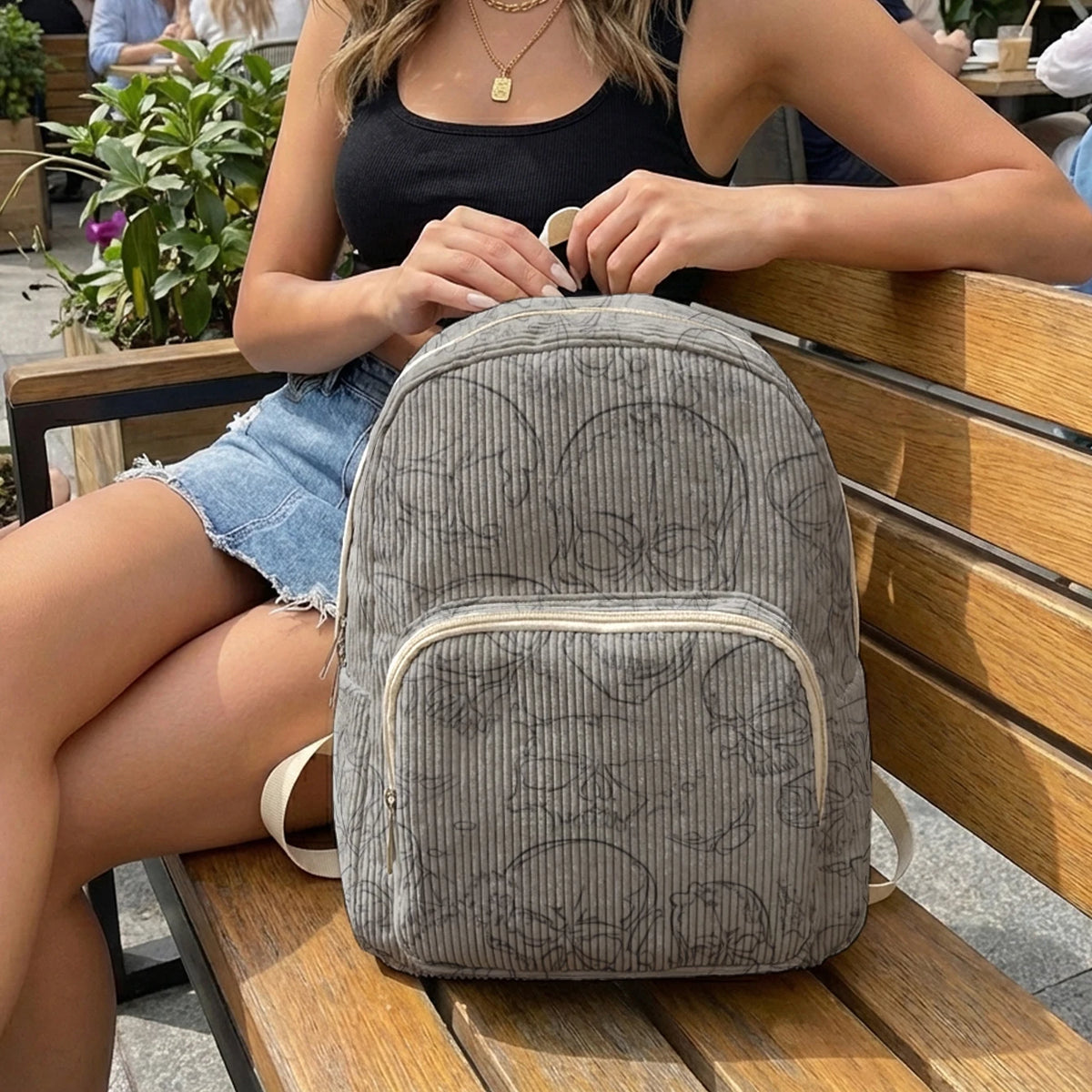 Gothic Skull Allover Print Women Fashion Backpack Corduroy Multi-pocket Large Capacity Commuter Bag