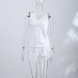 Women Short Set Satin Lace Spaghetti Strap V-Neck Top Drawstring Waist Lace Trim Shorts Elegant Casual Solid Two Piece Set Lady