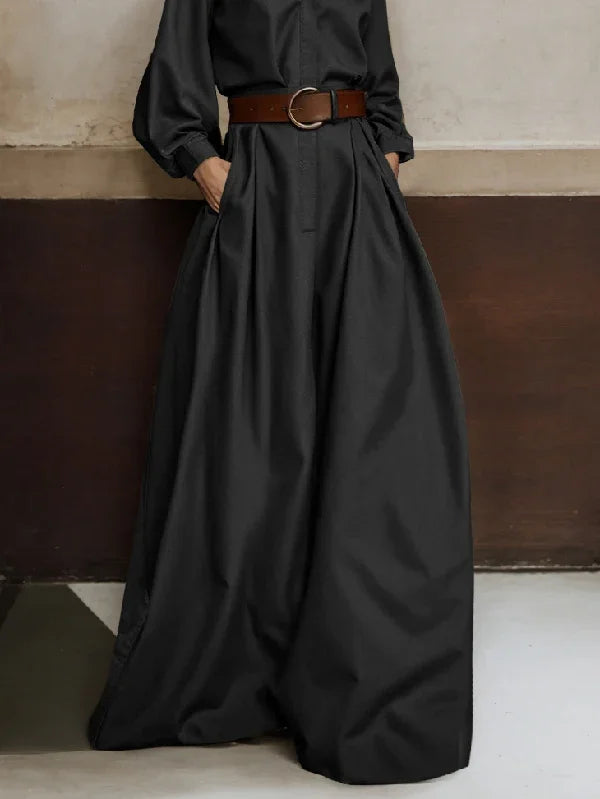 High-Waisted Wide Leg Jumpsuit - Half-Collar Long Sleeve One-Piece