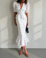Women Elegant Printed V-neck Dress Chic Lapel Waist Cinched Pleated High Waisted Dresses 2026 Summer New Lady Vacation Gowns