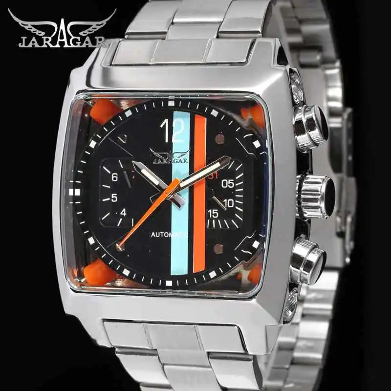 JARAGAR 569 Retro Square Dial Unique Men's Automatic Mechanical Watch Calendar Week Steel Strap Casual Men's Clock Reloj Hombre