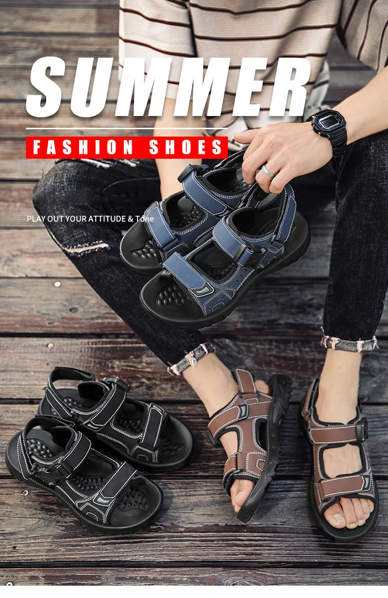 Summer Men Sandals PU Leather Lightweight Open Toe Flat Mens Casual Shoes Outdoor Walking Sandals for Men Beach Shoes Size 39-46