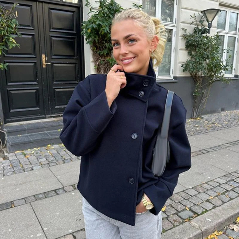 Fashion Short Woolen Coat Women Stand Collar Single-breast Full Sleeve Loose Pocket Jacket Female 2026 Autumn Solid Lady Outwear