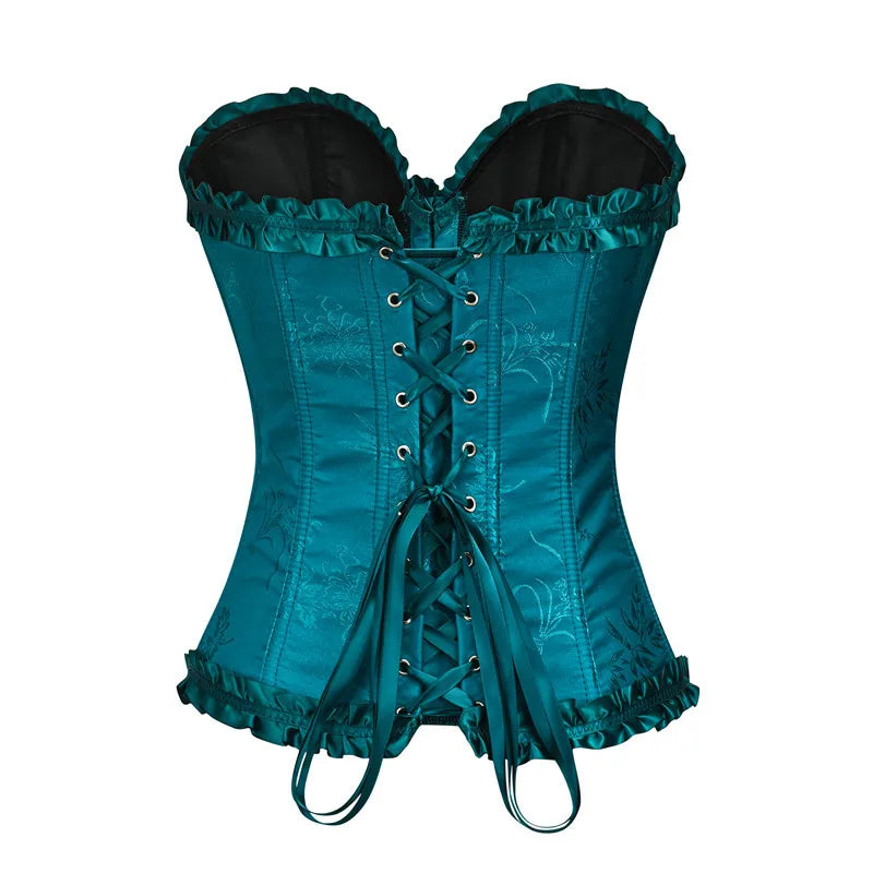 USA-Made Jacquard Ruffled Overbust Corset – Gothic Victorian Push-Up Bustier