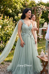 Lucy Light Green Tulle A-Line Evening Gown | Custom Made