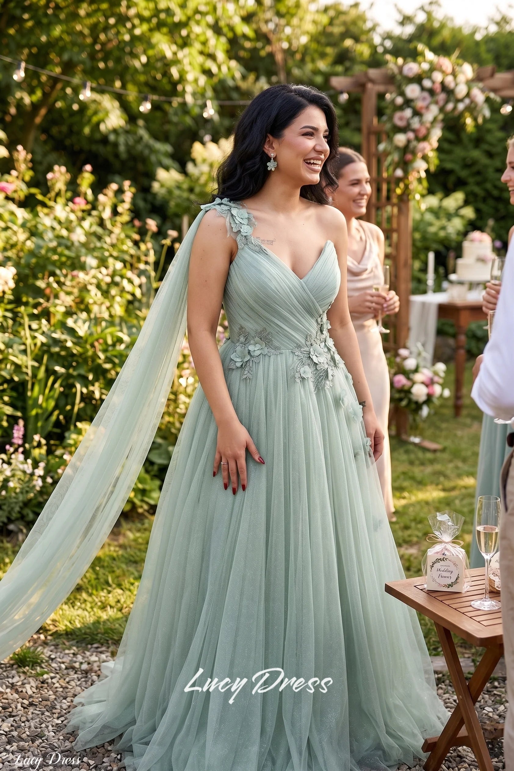 Lucy Light Green Tulle A-Line Evening Gown | Custom Made