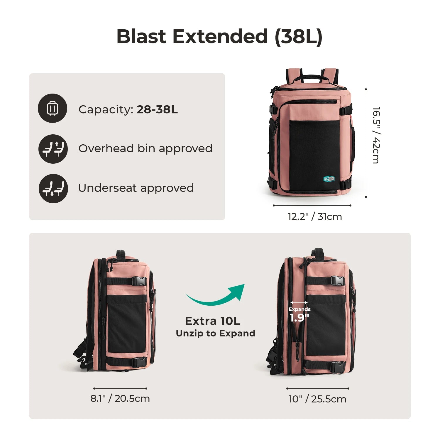 BAGSMART Men Women Travel Backpack with Shoe Compartment Airplane Compression Backpack Waterproof Anti‑theft Cabin Bag