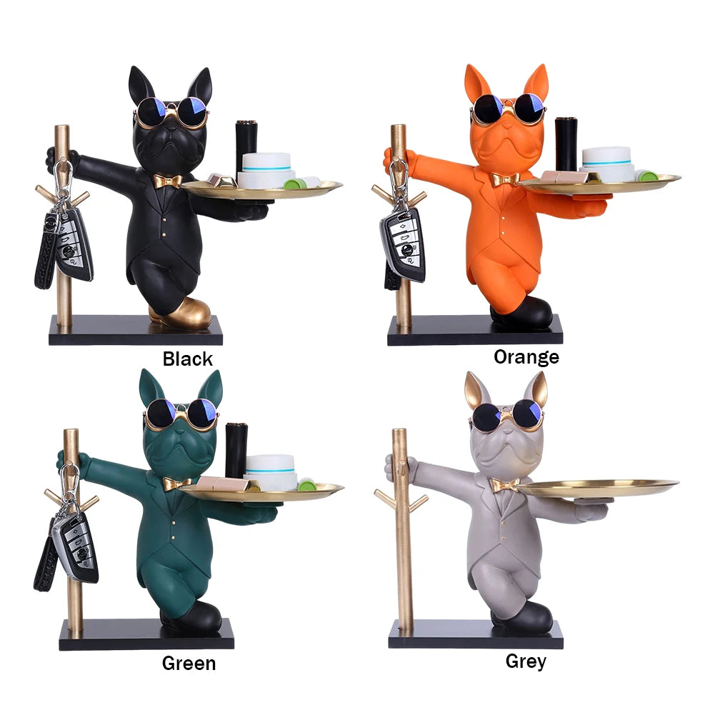 French Bulldog Sculpture Dog Statue Decorative Figurine Storage Metal Tray Coin Piggy Bank Entrance Key Snack Holder