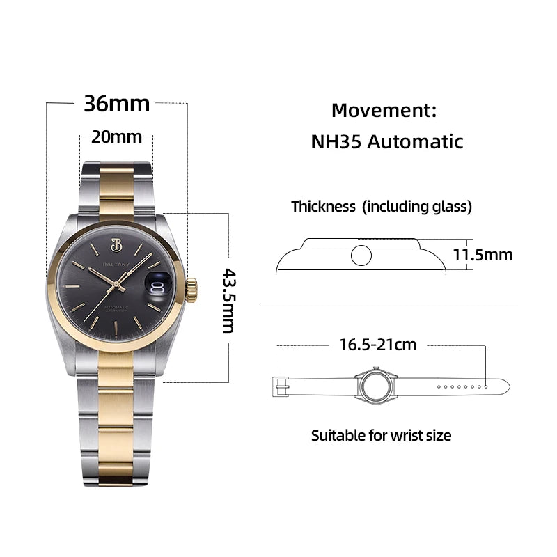 Baltany 36mm Perpetual Date Watch S4095 Sunray Dial 100M Waterproof Stainless Steel Bracelet NH35 Luxury Automatic Watch for Men