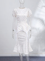 Print  Dress Women's Floral Satin Mini Dress Deep V-Neck Puff Sleeves Peplum Waistband Two-Piece Party Dresses Woman Clothes