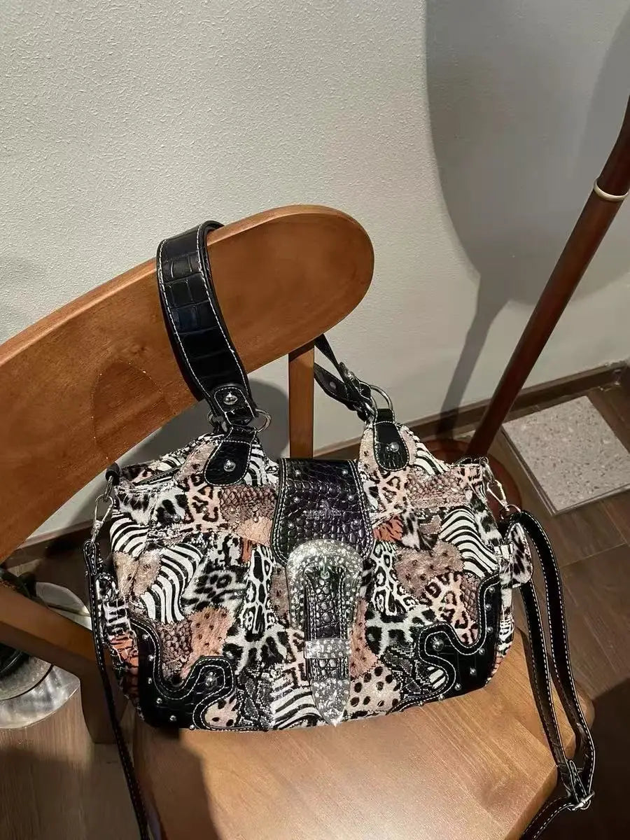 Women Handbag Stitching Leopard Top-handle Shoulder Bag PU Dumpling Pack Multi-pockets Shoulder Bags Phone Money Pack