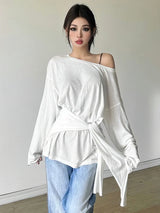 Sheer Oversized Off-Shoulder Long Sleeve Tee | Back Ribbon Detail