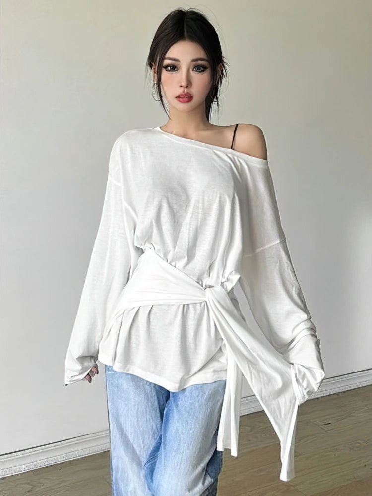Sheer Oversized Off-Shoulder Long Sleeve Tee | Back Ribbon Detail