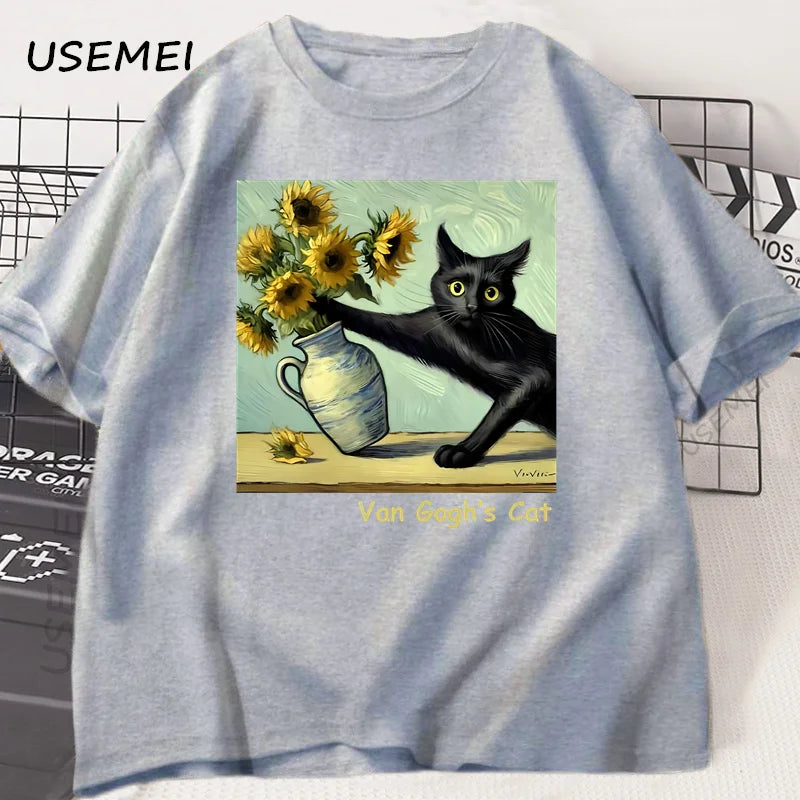 Van Gogh's Cat Art Print T Shirt Funny Graphci T Shirts Cotton Trendy Summer Loose Short Sleeved T-shirt Men Women Harajuku Top