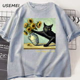 Van Gogh's Cat Art Print T Shirt Funny Graphci T Shirts Cotton Trendy Summer Loose Short Sleeved T-shirt Men Women Harajuku Top