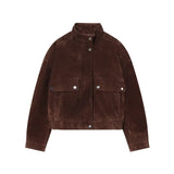 Women Suede Leather Jacket with Pockets Autumn Fashion High Collar Long Sleeve Button Jacket Lady Coats Causal Female Chic Tops