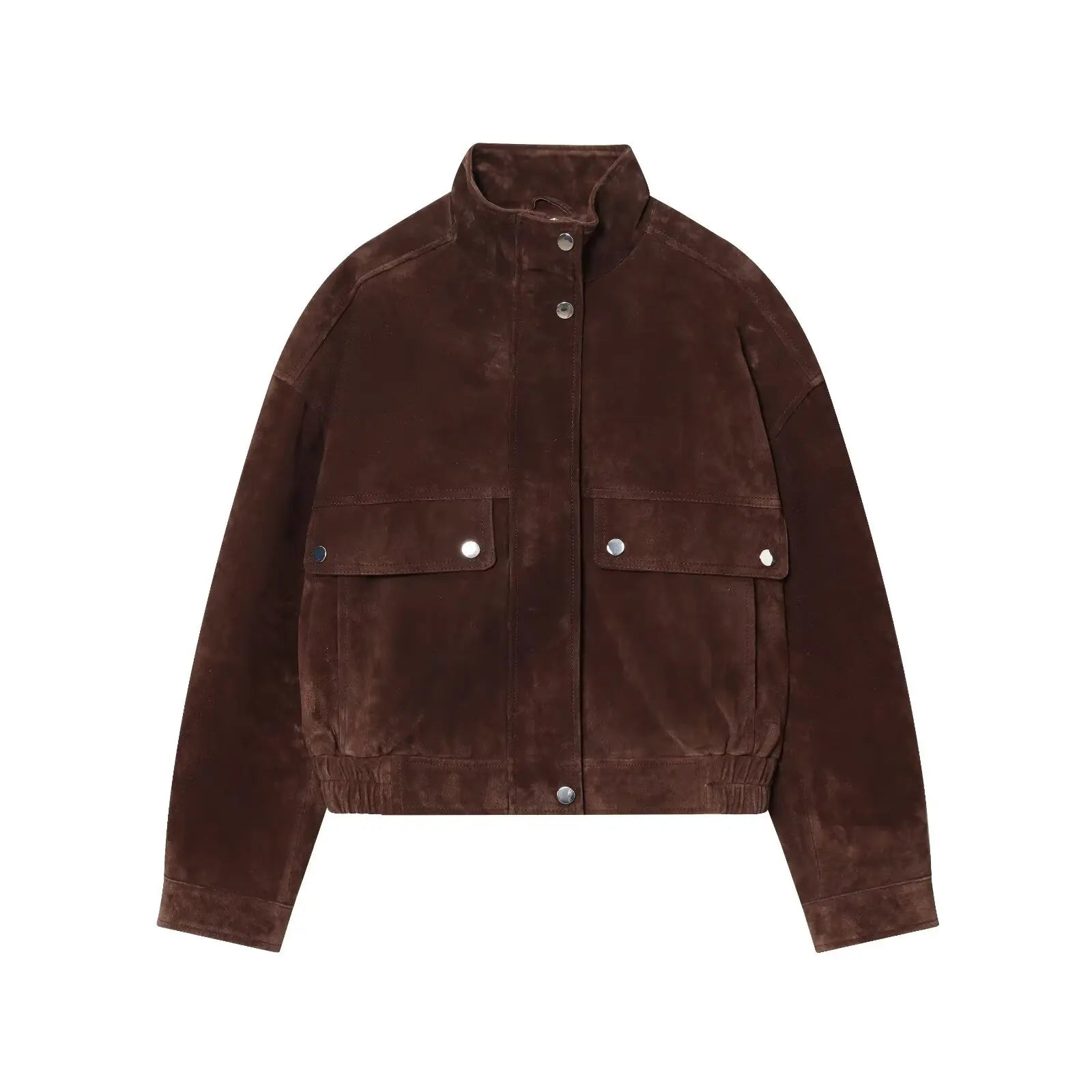 Women Suede Leather Jacket with Pockets Autumn Fashion High Collar Long Sleeve Button Jacket Lady Coats Causal Female Chic Tops