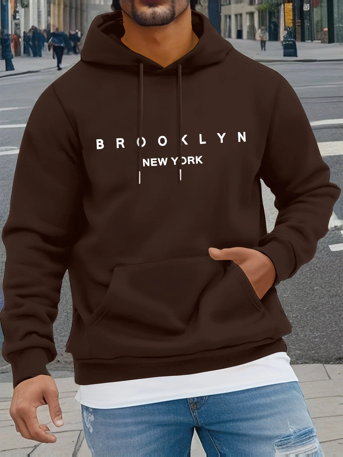 Men's Autumn and Winter Casual Fashionable Loose Brooklyn Classic Letter Printed Long-Sleeved Warm Hooded Pullover