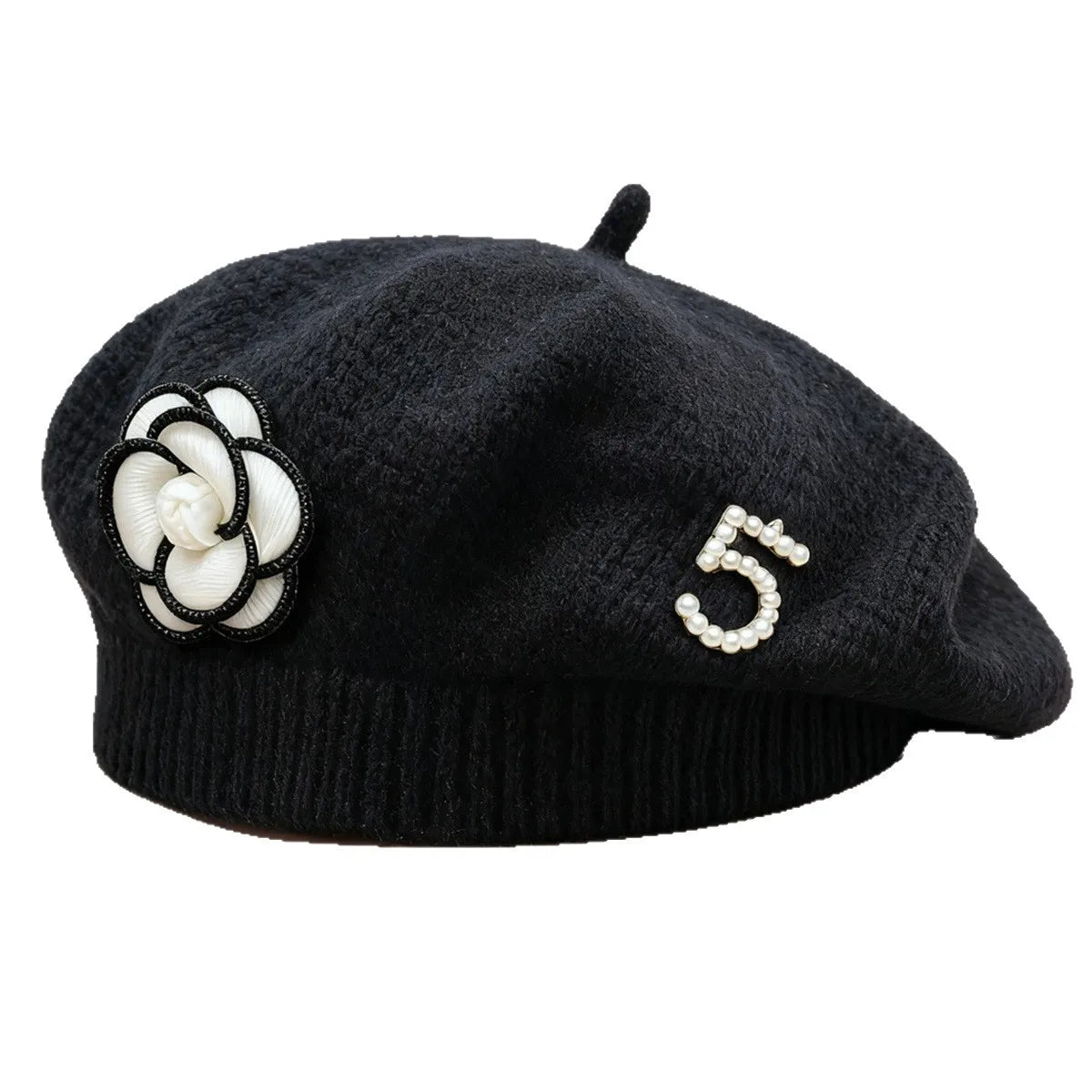 Women's Floral Pearl Knit Beret – Elegant Winter Hat